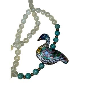 VTG Chinese jade? Cloisonne Brass Enamel Goodluck Goose Bird‎ Pendant Necklace